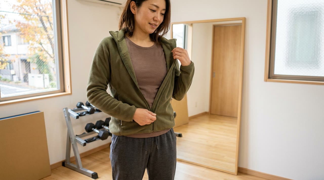 秋の個室ジムで上着を羽織る女性｜秋からダイエットを始めるのが続けやすい理由