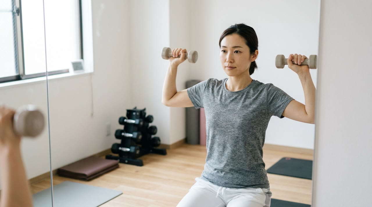 個室ジムで軽いダンベルを持ち肩まわりを動かす女性｜結婚式前のダイエットはいつから？逆算スケジュールと短期集中の注意点
