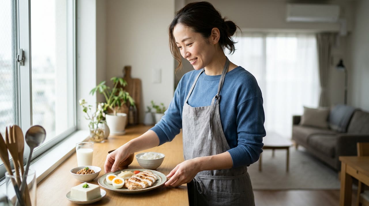 高タンパクな食事を用意する女性｜ダイエット中のタンパク質摂取量の目安